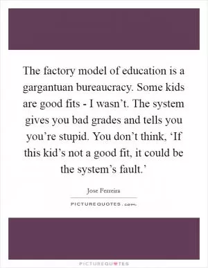 The factory model of education is a gargantuan bureaucracy. Some kids are good fits - I wasn’t. The system gives you bad grades and tells you you’re stupid. You don’t think, ‘If this kid’s not a good fit, it could be the system’s fault.’ Picture Quote #1