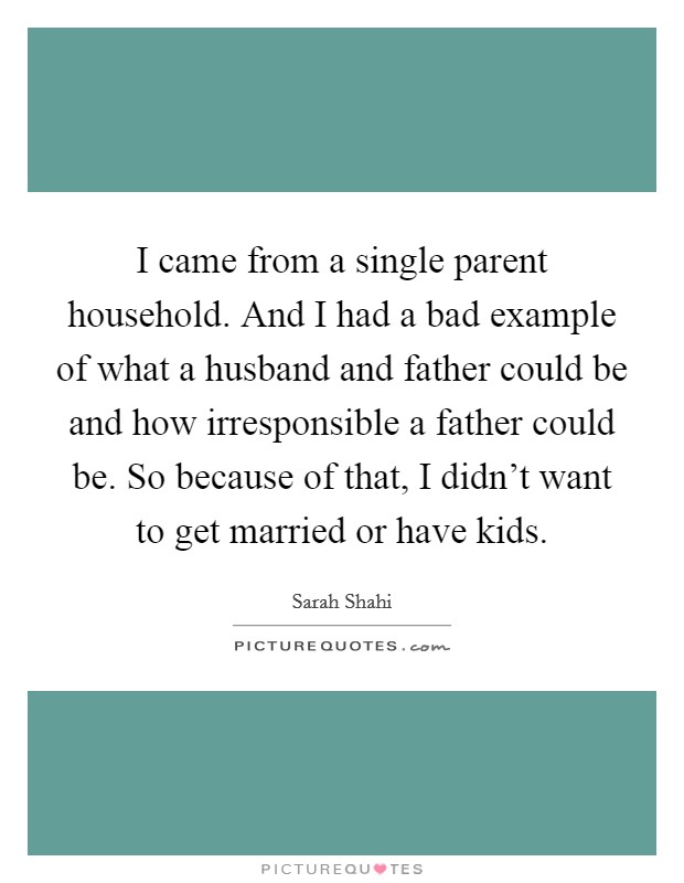 I came from a single parent household. And I had a bad example of what a husband and father could be and how irresponsible a father could be. So because of that, I didn't want to get married or have kids. Picture Quote #1