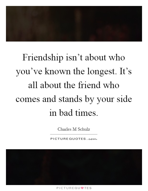 Friendship isn't about who you've known the longest. It's all about the friend who comes and stands by your side in bad times. Picture Quote #1