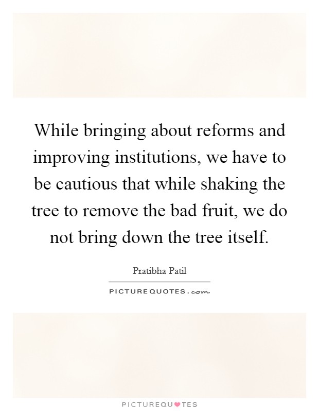 While bringing about reforms and improving institutions, we have to be cautious that while shaking the tree to remove the bad fruit, we do not bring down the tree itself. Picture Quote #1