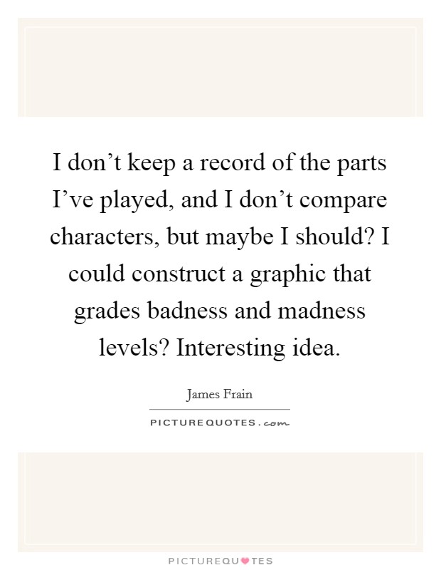 I don't keep a record of the parts I've played, and I don't compare characters, but maybe I should? I could construct a graphic that grades badness and madness levels? Interesting idea. Picture Quote #1