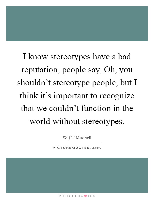 I know stereotypes have a bad reputation, people say, Oh, you shouldn't stereotype people, but I think it's important to recognize that we couldn't function in the world without stereotypes. Picture Quote #1
