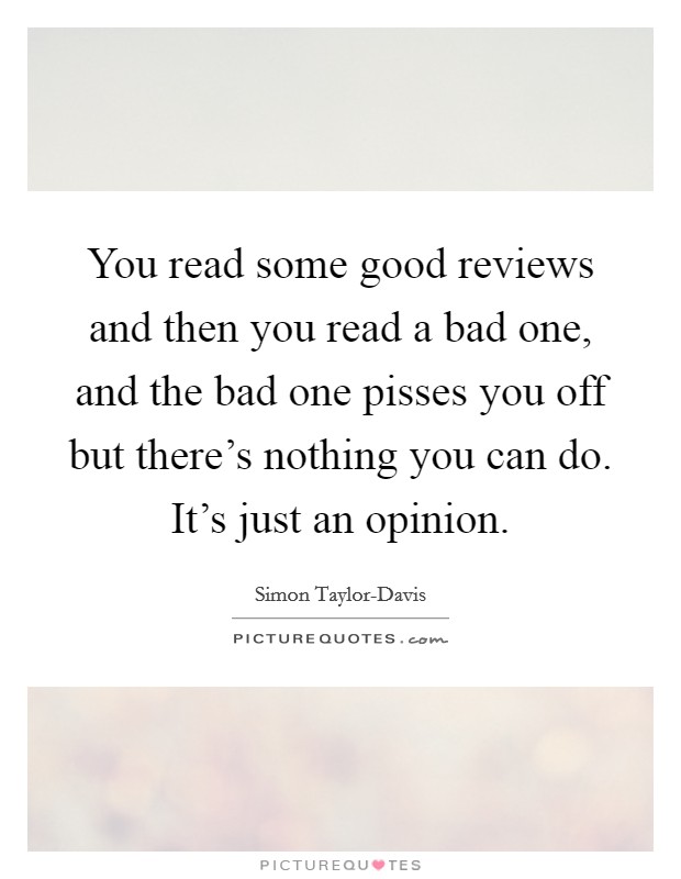 You read some good reviews and then you read a bad one, and the bad one pisses you off but there's nothing you can do. It's just an opinion. Picture Quote #1