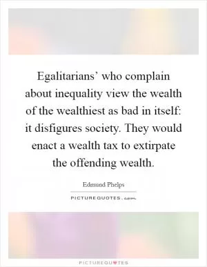 Egalitarians’ who complain about inequality view the wealth of the wealthiest as bad in itself: it disfigures society. They would enact a wealth tax to extirpate the offending wealth Picture Quote #1