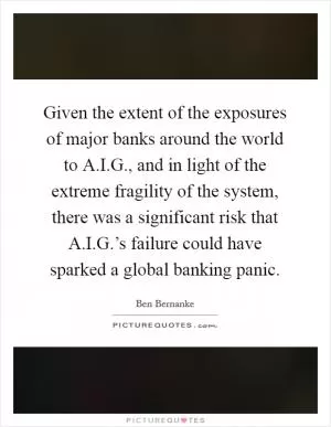 Given the extent of the exposures of major banks around the world to A.I.G., and in light of the extreme fragility of the system, there was a significant risk that A.I.G.’s failure could have sparked a global banking panic Picture Quote #1