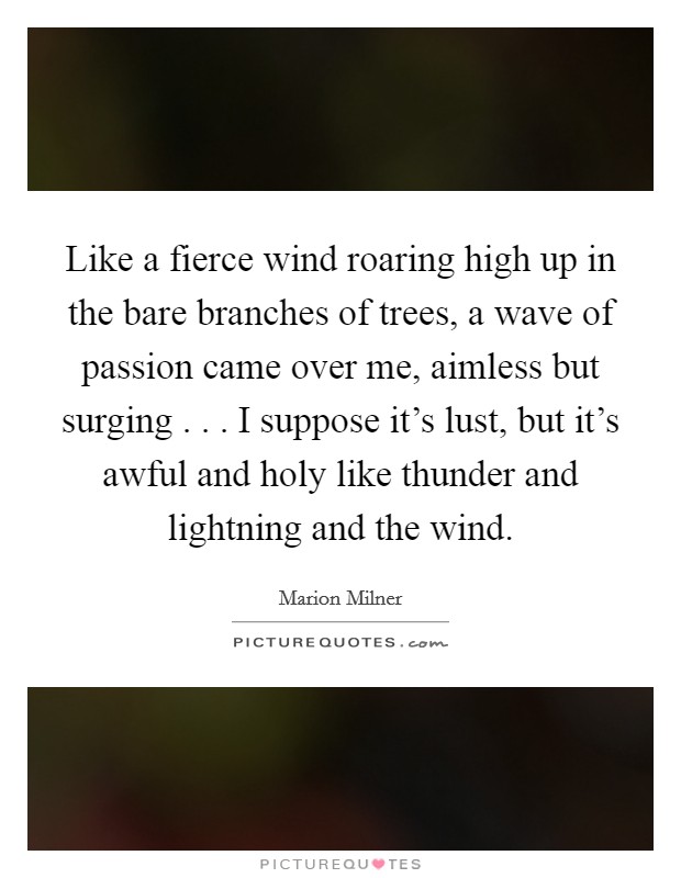 Like a fierce wind roaring high up in the bare branches of trees, a wave of passion came over me, aimless but surging . . . I suppose it's lust, but it's awful and holy like thunder and lightning and the wind. Picture Quote #1