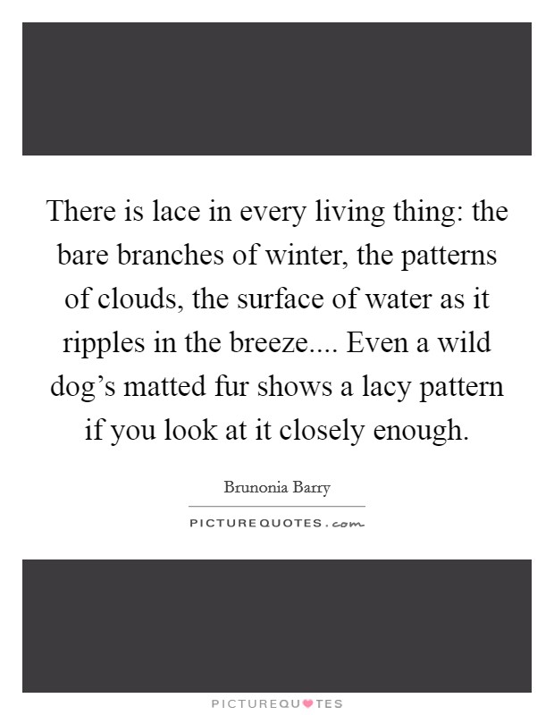 There is lace in every living thing: the bare branches of winter, the patterns of clouds, the surface of water as it ripples in the breeze.... Even a wild dog's matted fur shows a lacy pattern if you look at it closely enough. Picture Quote #1