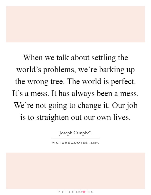 When we talk about settling the world's problems, we're barking up the wrong tree. The world is perfect. It's a mess. It has always been a mess. We're not going to change it. Our job is to straighten out our own lives. Picture Quote #1