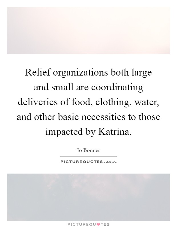 Relief organizations both large and small are coordinating deliveries of food, clothing, water, and other basic necessities to those impacted by Katrina. Picture Quote #1