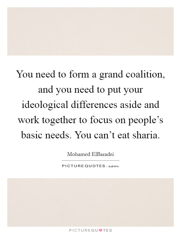 You need to form a grand coalition, and you need to put your ideological differences aside and work together to focus on people's basic needs. You can't eat sharia. Picture Quote #1
