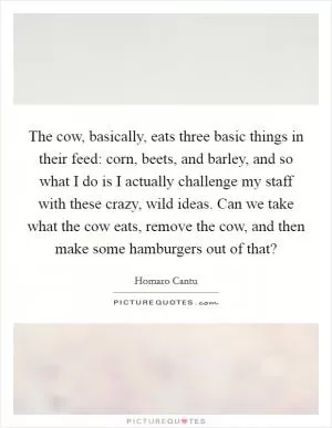 The cow, basically, eats three basic things in their feed: corn, beets, and barley, and so what I do is I actually challenge my staff with these crazy, wild ideas. Can we take what the cow eats, remove the cow, and then make some hamburgers out of that? Picture Quote #1