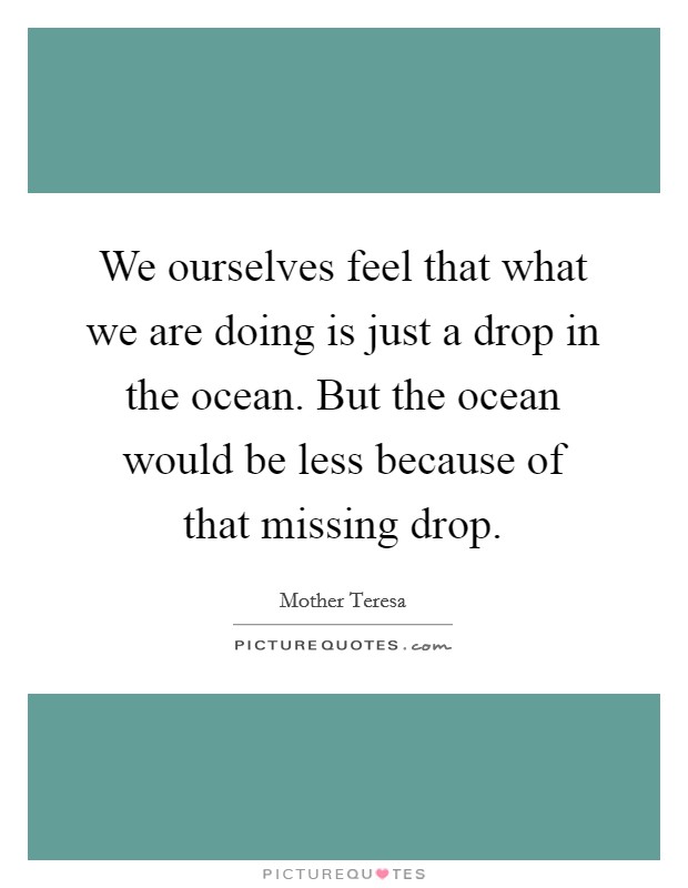 We ourselves feel that what we are doing is just a drop in the ocean. But the ocean would be less because of that missing drop. Picture Quote #1
