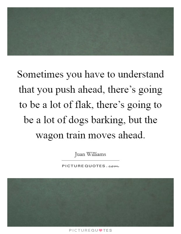 Sometimes you have to understand that you push ahead, there's going to be a lot of flak, there's going to be a lot of dogs barking, but the wagon train moves ahead. Picture Quote #1