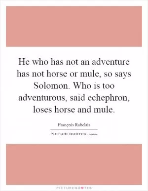 He who has not an adventure has not horse or mule, so says Solomon. Who is too adventurous, said echephron, loses horse and mule Picture Quote #1