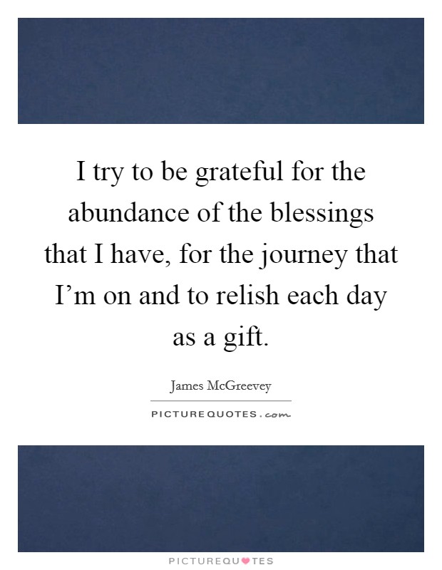 I try to be grateful for the abundance of the blessings that I have, for the journey that I'm on and to relish each day as a gift. Picture Quote #1