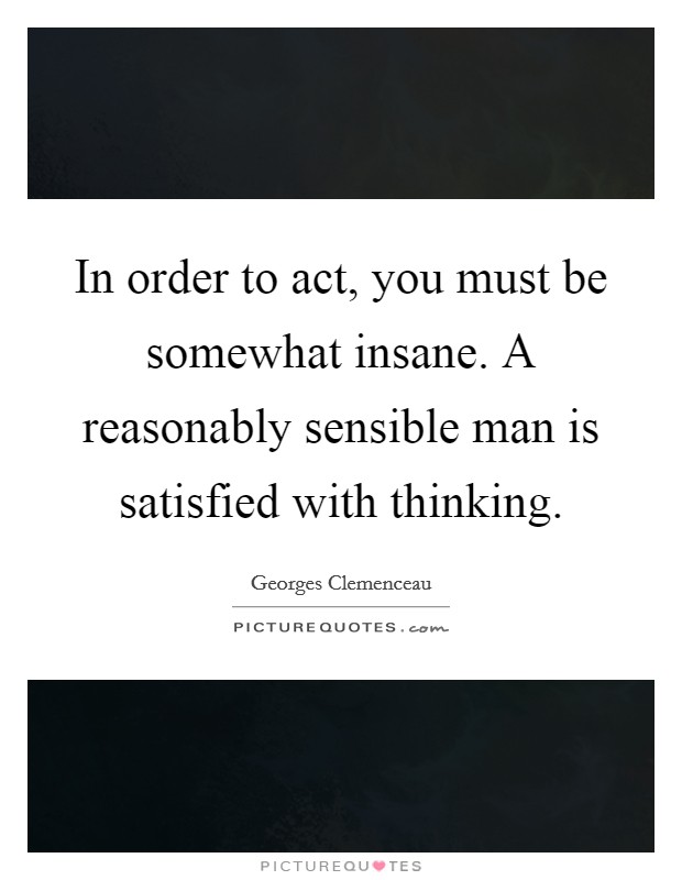 In order to act, you must be somewhat insane. A reasonably sensible man is satisfied with thinking. Picture Quote #1
