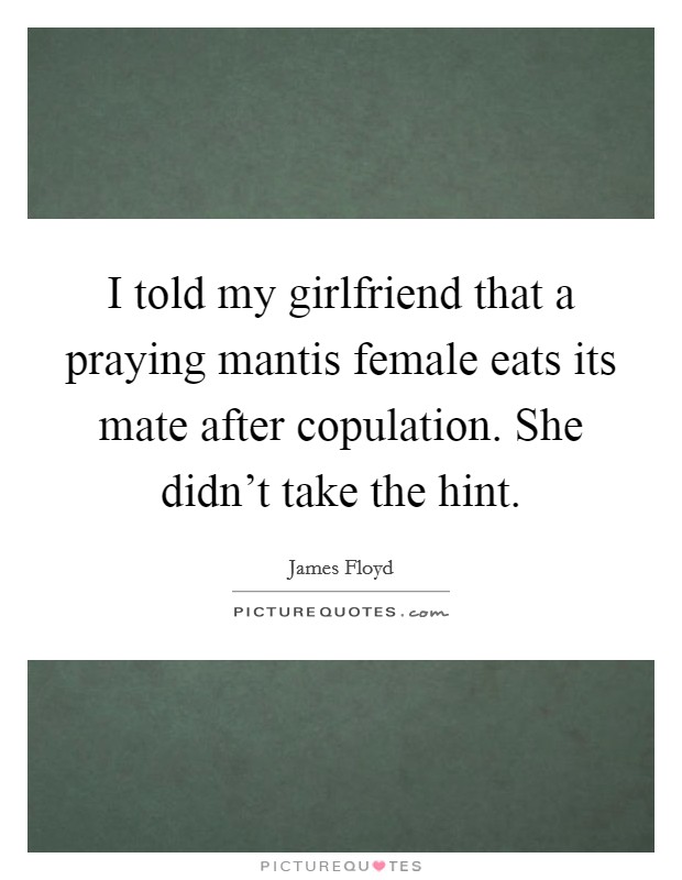 I told my girlfriend that a praying mantis female eats its mate after copulation. She didn't take the hint. Picture Quote #1