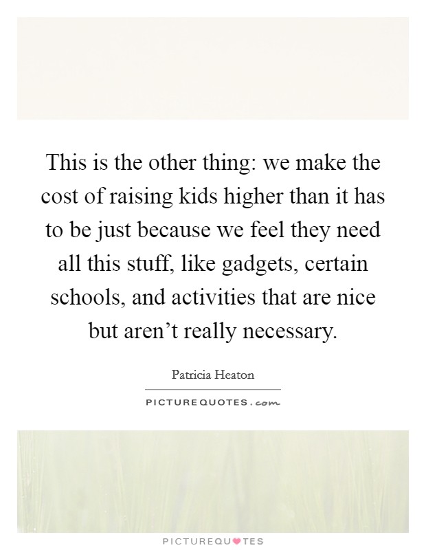 This is the other thing: we make the cost of raising kids higher than it has to be just because we feel they need all this stuff, like gadgets, certain schools, and activities that are nice but aren't really necessary. Picture Quote #1