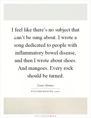 I feel like there’s no subject that can’t be sung about. I wrote a song dedicated to people with inflammatory bowel disease, and then I wrote about shoes. And mangoes. Every rock should be turned Picture Quote #1