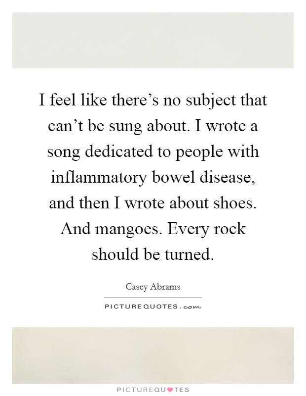 I feel like there's no subject that can't be sung about. I wrote a song dedicated to people with inflammatory bowel disease, and then I wrote about shoes. And mangoes. Every rock should be turned. Picture Quote #1