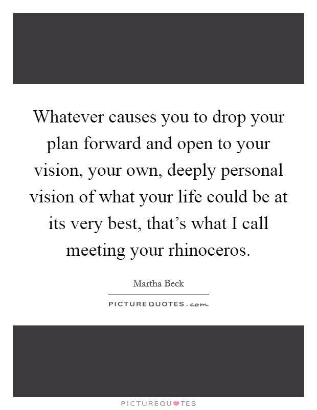 Whatever causes you to drop your plan forward and open to your vision, your own, deeply personal vision of what your life could be at its very best, that's what I call meeting your rhinoceros. Picture Quote #1