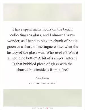 I have spent many hours on the beach collecting sea glass, and I almost always wonder, as I bend to pick up chunk of bottle green or a shard of meringue white, what the history of the glass was. Who used it? Was it a medicine bottle? A bit of a ship’s lantern? Is that bubbled piece of glass with the charred bits inside it from a fire? Picture Quote #1