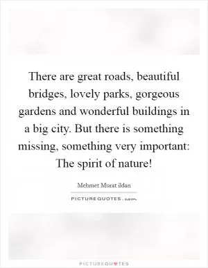 There are great roads, beautiful bridges, lovely parks, gorgeous gardens and wonderful buildings in a big city. But there is something missing, something very important: The spirit of nature! Picture Quote #1