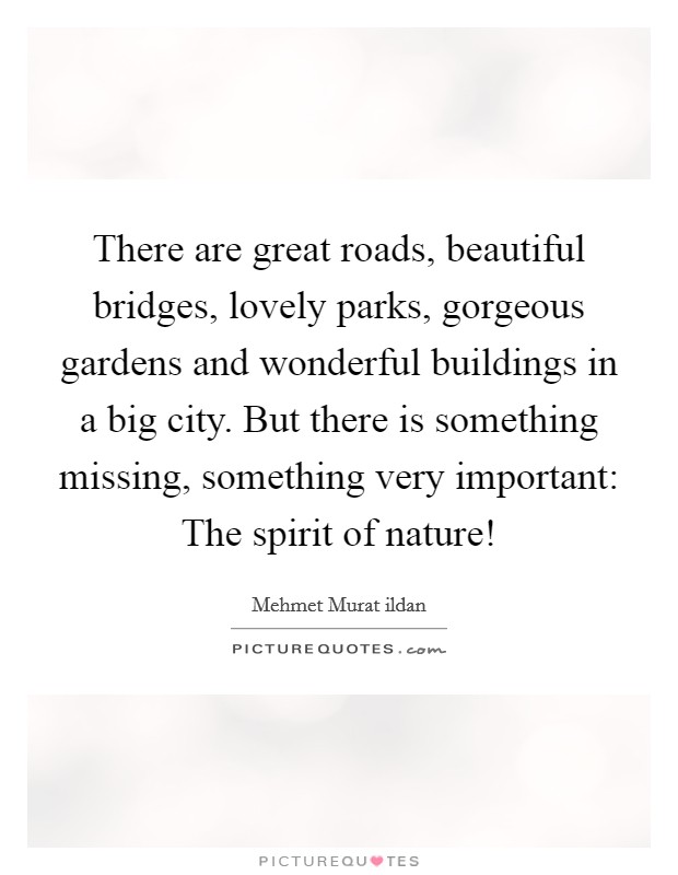 There are great roads, beautiful bridges, lovely parks, gorgeous gardens and wonderful buildings in a big city. But there is something missing, something very important: The spirit of nature! Picture Quote #1