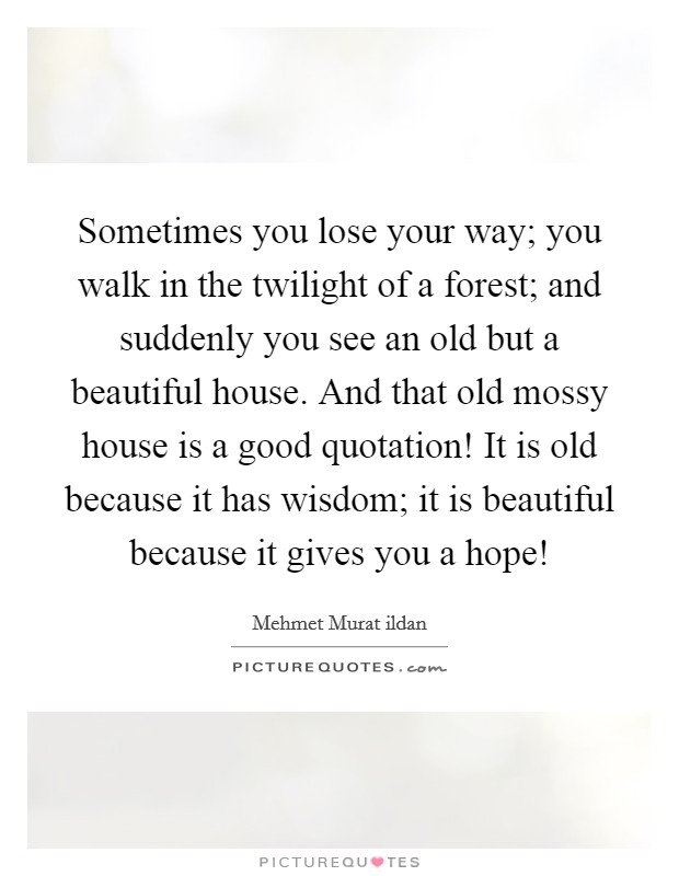 Sometimes you lose your way; you walk in the twilight of a forest; and suddenly you see an old but a beautiful house. And that old mossy house is a good quotation! It is old because it has wisdom; it is beautiful because it gives you a hope! Picture Quote #1