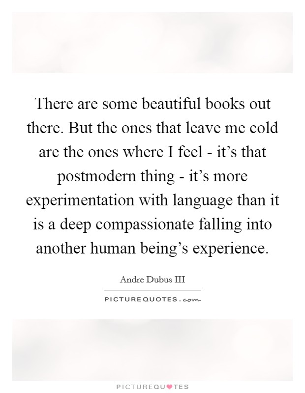 There are some beautiful books out there. But the ones that leave me cold are the ones where I feel - it's that postmodern thing - it's more experimentation with language than it is a deep compassionate falling into another human being's experience. Picture Quote #1