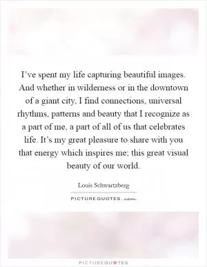 I’ve spent my life capturing beautiful images. And whether in wilderness or in the downtown of a giant city, I find connections, universal rhythms, patterns and beauty that I recognize as a part of me, a part of all of us that celebrates life. It’s my great pleasure to share with you that energy which inspires me; this great visual beauty of our world Picture Quote #1