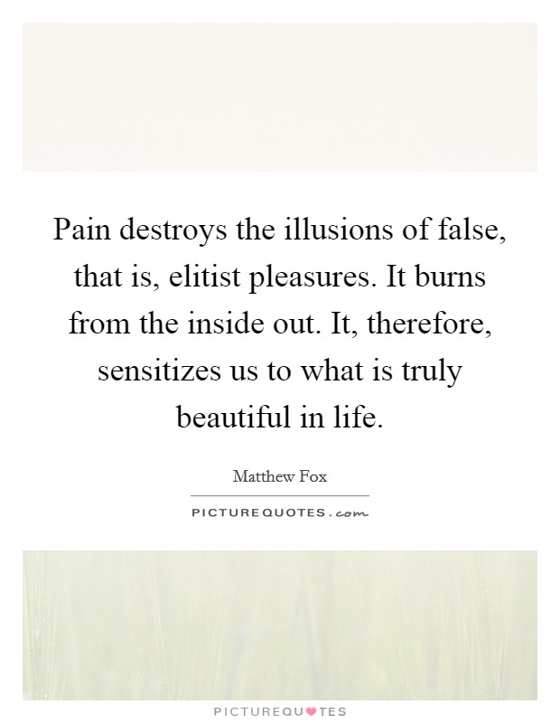 Pain destroys the illusions of false, that is, elitist pleasures. It burns from the inside out. It, therefore, sensitizes us to what is truly beautiful in life. Picture Quote #1