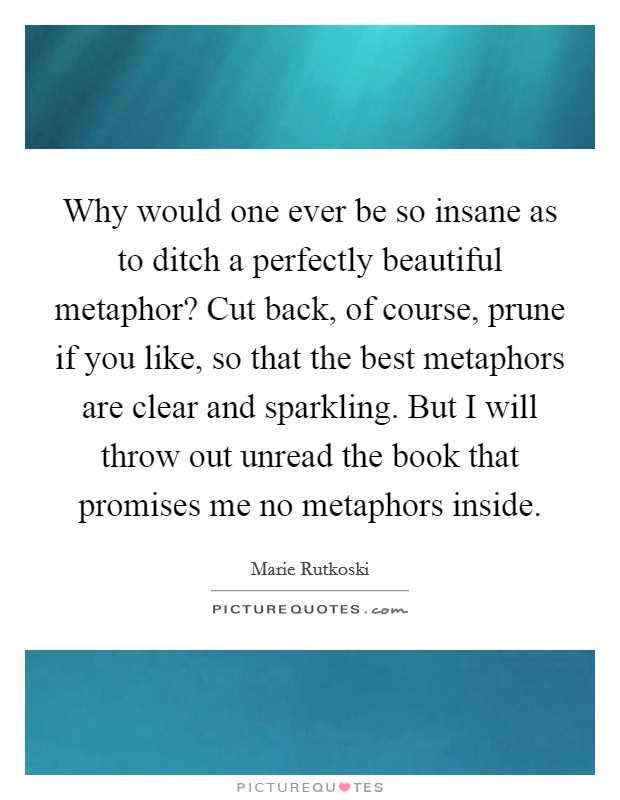 Why would one ever be so insane as to ditch a perfectly beautiful metaphor? Cut back, of course, prune if you like, so that the best metaphors are clear and sparkling. But I will throw out unread the book that promises me no metaphors inside. Picture Quote #1