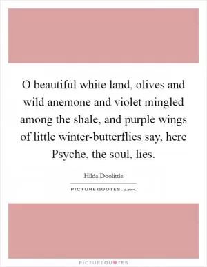 O beautiful white land, olives and wild anemone and violet mingled among the shale, and purple wings of little winter-butterflies say, here Psyche, the soul, lies Picture Quote #1