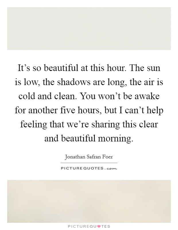 It's so beautiful at this hour. The sun is low, the shadows are long, the air is cold and clean. You won't be awake for another five hours, but I can't help feeling that we're sharing this clear and beautiful morning. Picture Quote #1