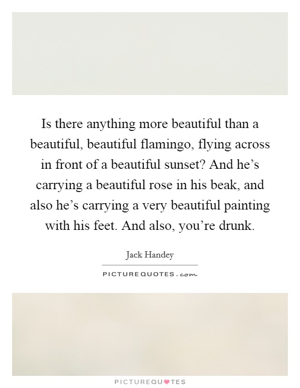 Is there anything more beautiful than a beautiful, beautiful flamingo, flying across in front of a beautiful sunset? And he's carrying a beautiful rose in his beak, and also he's carrying a very beautiful painting with his feet. And also, you're drunk. Picture Quote #1