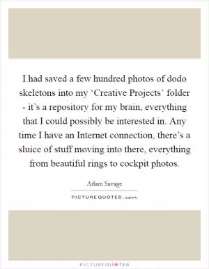 I had saved a few hundred photos of dodo skeletons into my ‘Creative Projects’ folder - it’s a repository for my brain, everything that I could possibly be interested in. Any time I have an Internet connection, there’s a sluice of stuff moving into there, everything from beautiful rings to cockpit photos Picture Quote #1