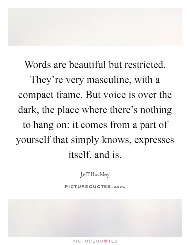 Words are beautiful but restricted. They're very masculine, with a compact frame. But voice is over the dark, the place where there's nothing to hang on: it comes from a part of yourself that simply knows, expresses itself, and is. Picture Quote #1
