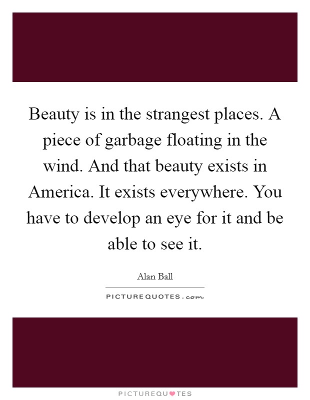 Beauty is in the strangest places. A piece of garbage floating in the wind. And that beauty exists in America. It exists everywhere. You have to develop an eye for it and be able to see it. Picture Quote #1