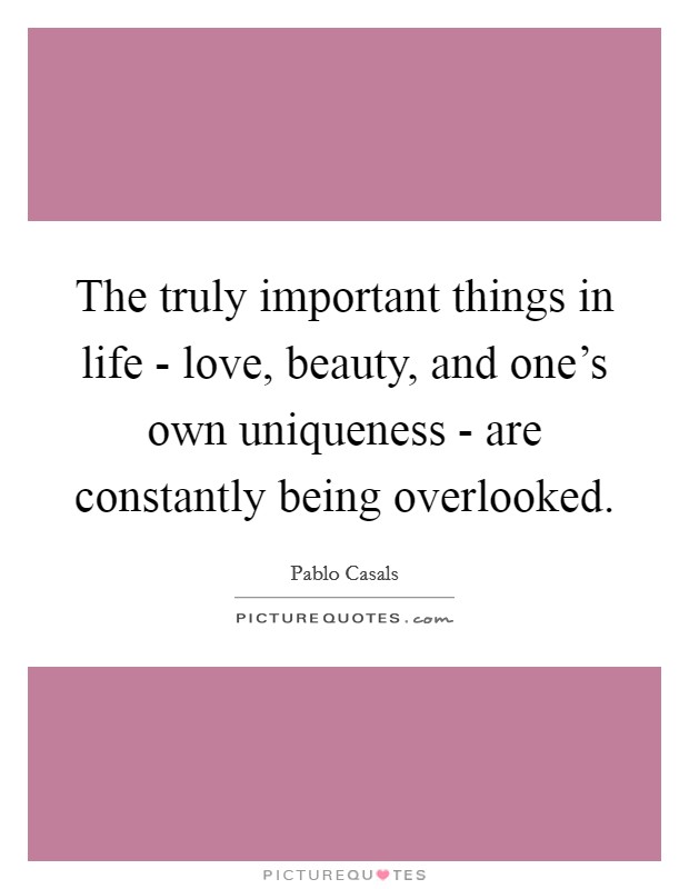 The truly important things in life - love, beauty, and one's own uniqueness - are constantly being overlooked. Picture Quote #1