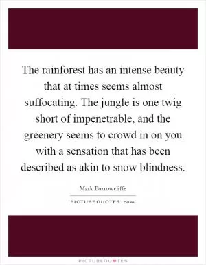 The rainforest has an intense beauty that at times seems almost suffocating. The jungle is one twig short of impenetrable, and the greenery seems to crowd in on you with a sensation that has been described as akin to snow blindness Picture Quote #1