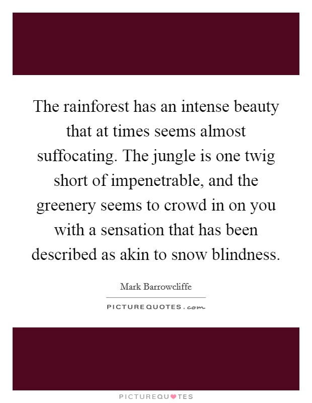 The rainforest has an intense beauty that at times seems almost suffocating. The jungle is one twig short of impenetrable, and the greenery seems to crowd in on you with a sensation that has been described as akin to snow blindness. Picture Quote #1