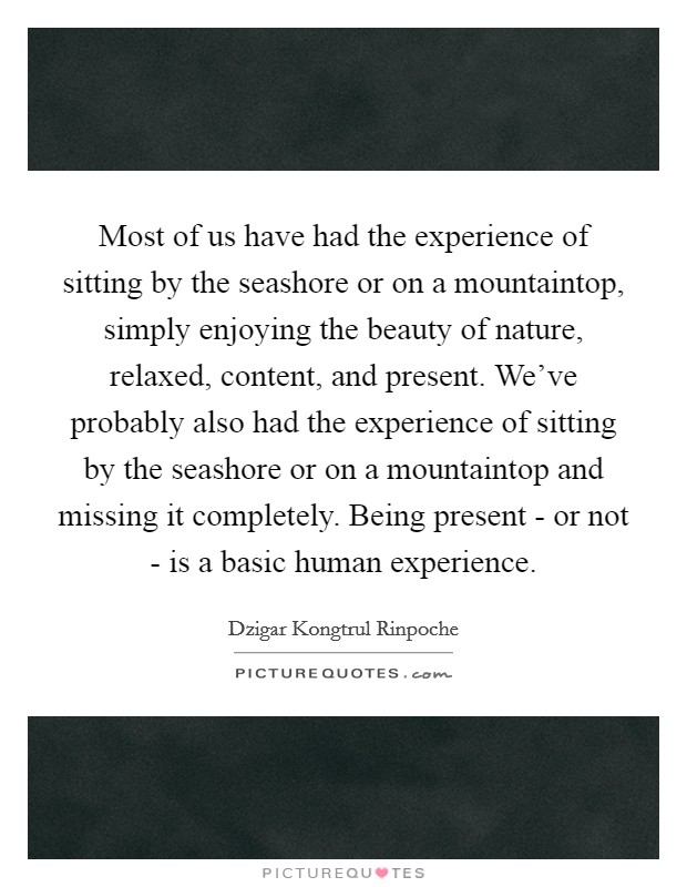 Most of us have had the experience of sitting by the seashore or on a mountaintop, simply enjoying the beauty of nature, relaxed, content, and present. We've probably also had the experience of sitting by the seashore or on a mountaintop and missing it completely. Being present - or not - is a basic human experience. Picture Quote #1