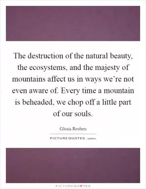 The destruction of the natural beauty, the ecosystems, and the majesty of mountains affect us in ways we’re not even aware of. Every time a mountain is beheaded, we chop off a little part of our souls Picture Quote #1