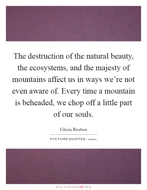 The destruction of the natural beauty, the ecosystems, and the majesty of mountains affect us in ways we're not even aware of. Every time a mountain is beheaded, we chop off a little part of our souls. Picture Quote #1
