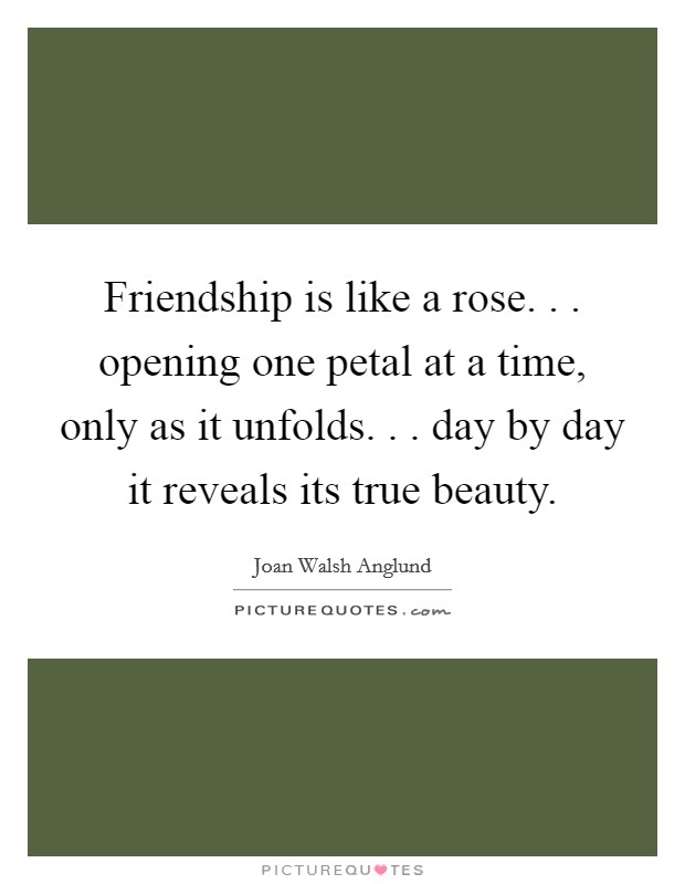 Friendship is like a rose. . . opening one petal at a time, only as it unfolds. . . day by day it reveals its true beauty. Picture Quote #1