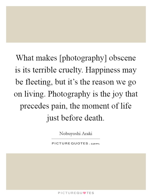 What makes [photography] obscene is its terrible cruelty. Happiness may be fleeting, but it's the reason we go on living. Photography is the joy that precedes pain, the moment of life just before death. Picture Quote #1