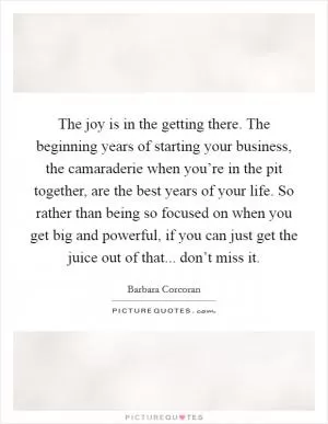 The joy is in the getting there. The beginning years of starting your business, the camaraderie when you’re in the pit together, are the best years of your life. So rather than being so focused on when you get big and powerful, if you can just get the juice out of that... don’t miss it Picture Quote #1