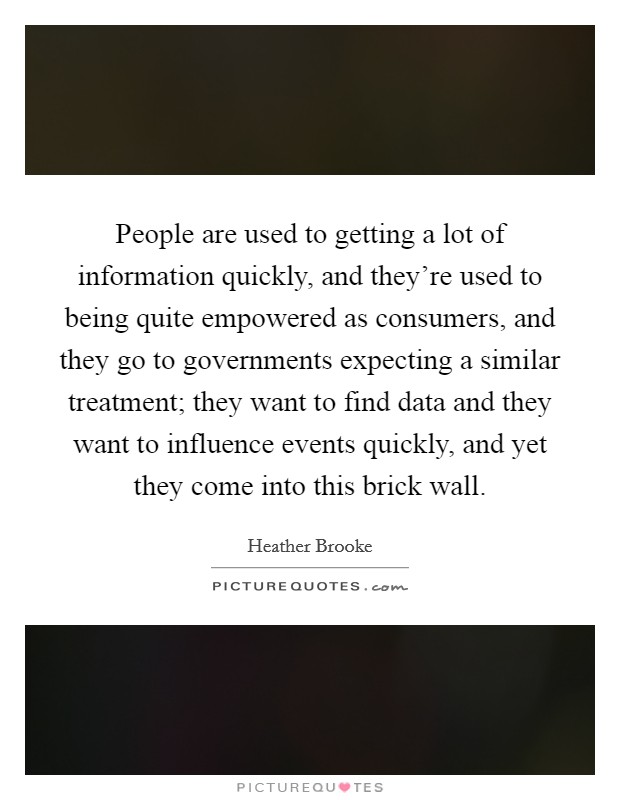 People are used to getting a lot of information quickly, and they're used to being quite empowered as consumers, and they go to governments expecting a similar treatment; they want to find data and they want to influence events quickly, and yet they come into this brick wall. Picture Quote #1