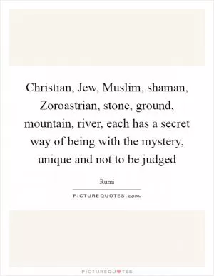 Christian, Jew, Muslim, shaman, Zoroastrian, stone, ground, mountain, river, each has a secret way of being with the mystery, unique and not to be judged Picture Quote #1